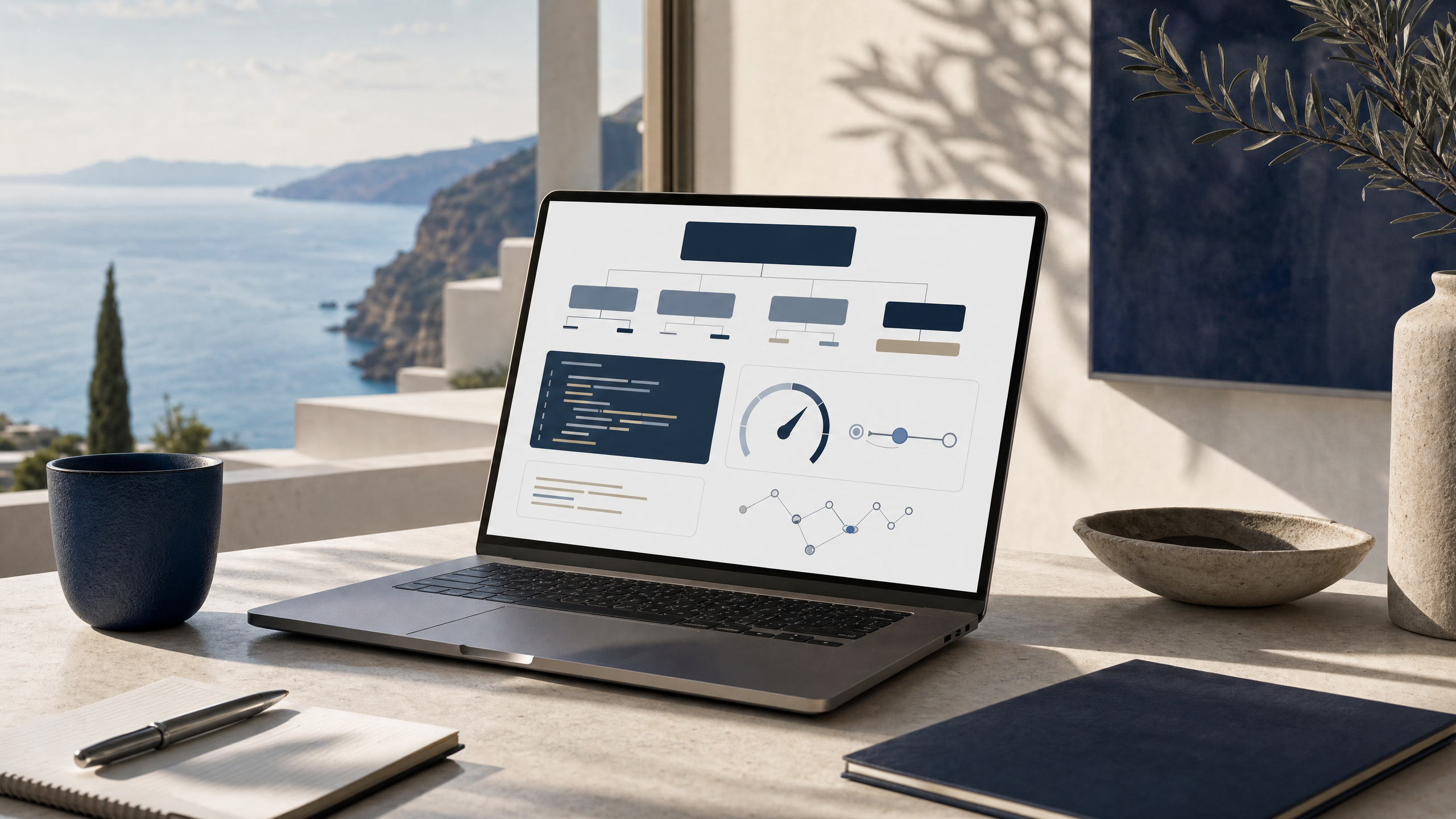 A clean digital architecture workspace showing website speed, structure, and user journey planning on a laptop.