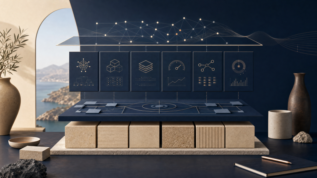 A premium technical architecture dashboard showing crawlability, indexability, structured content, performance, and AI search readiness as connected foundations for business search visibility.