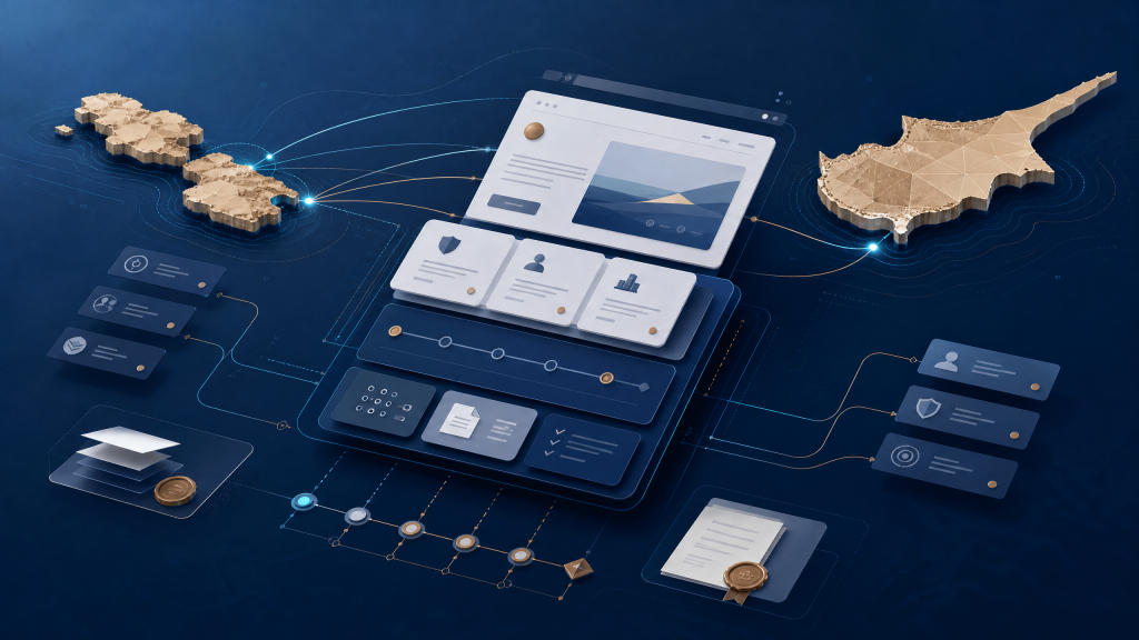 A premium abstract editorial image showing a structured B2B website interface connecting Malta and Cyprus across the Mediterranean, with regional service pathways, trust signals, and clean digital architecture in navy, cyan, and warm coastal tones.