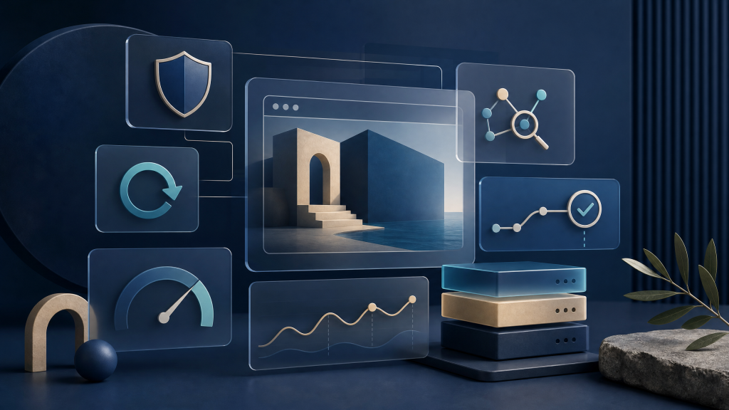 A premium abstract editorial image showing a monthly website maintenance dashboard with calm Mediterranean blue panels for backups, security, performance, SEO monitoring, content freshness, and business continuity.