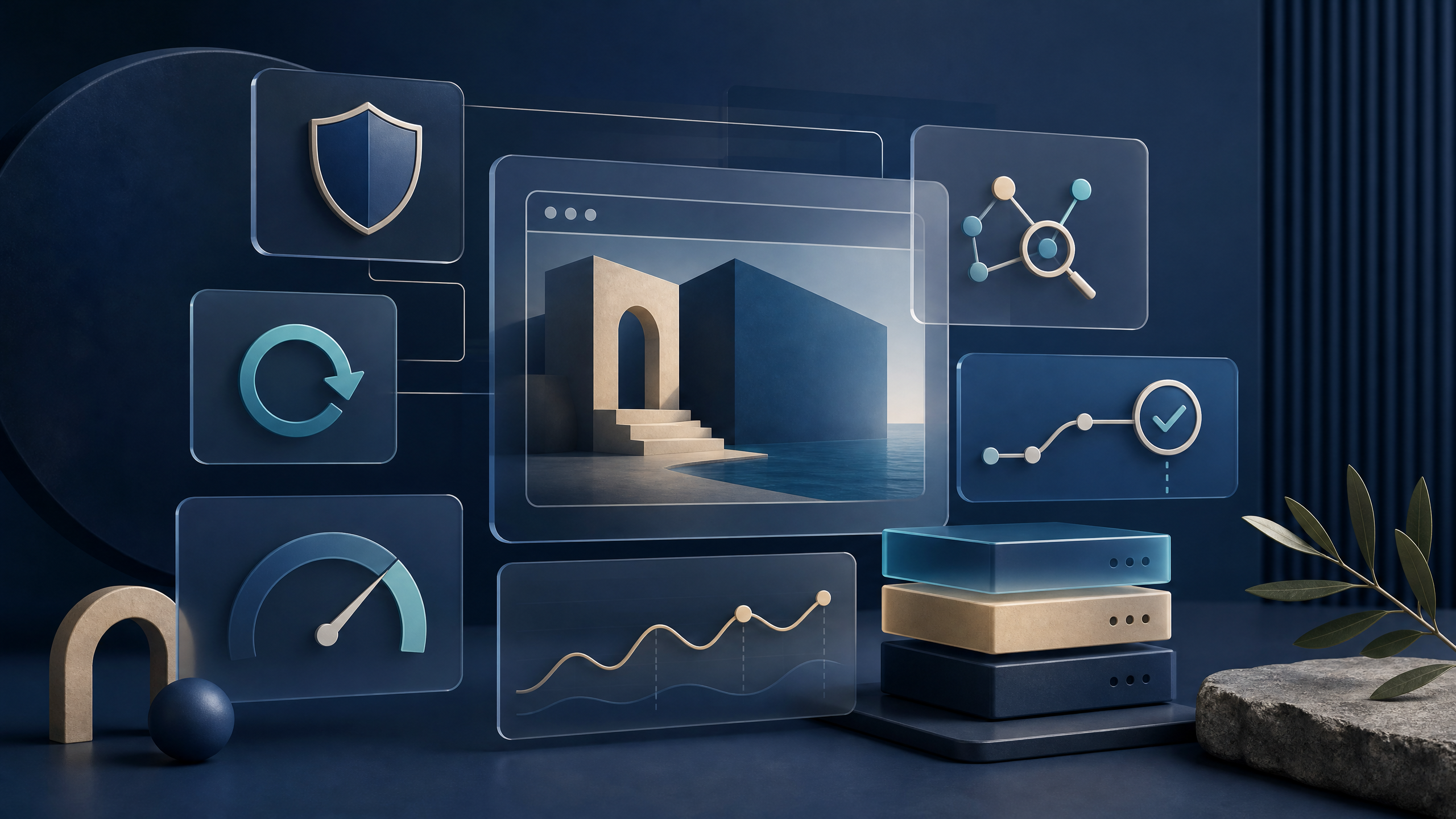 A premium abstract editorial image showing a monthly website maintenance dashboard with calm Mediterranean blue panels for backups, security, performance, SEO monitoring, content freshness, and business continuity.