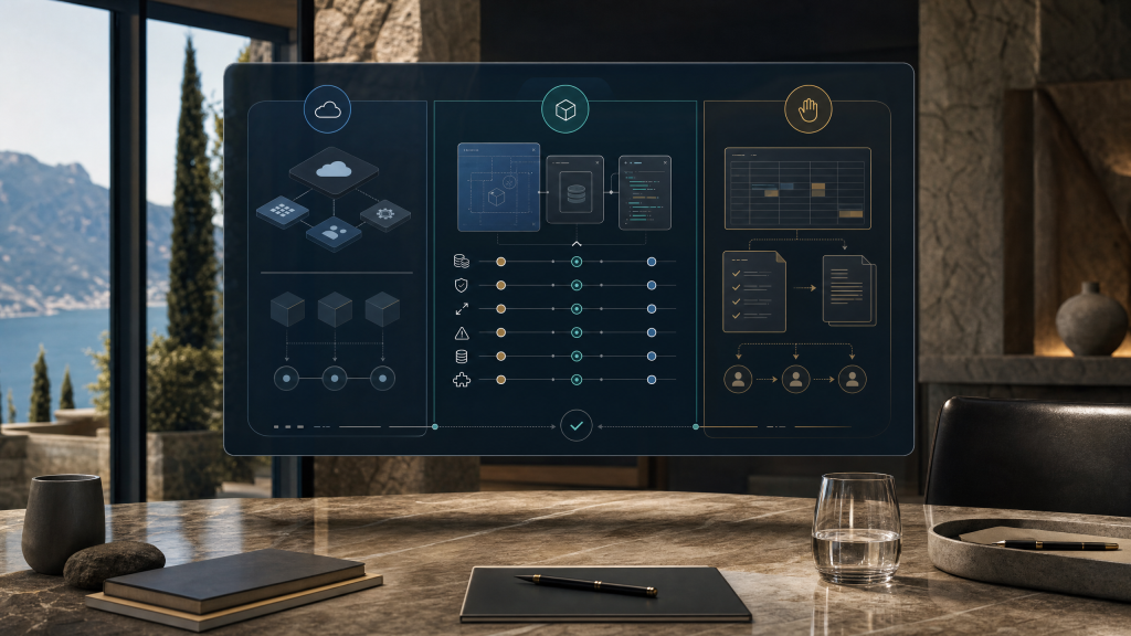 A premium business decision framework comparing SaaS, custom software, and manual workarounds through cost, control, risk, scalability, and operational fit on a calm digital architecture dashboard.