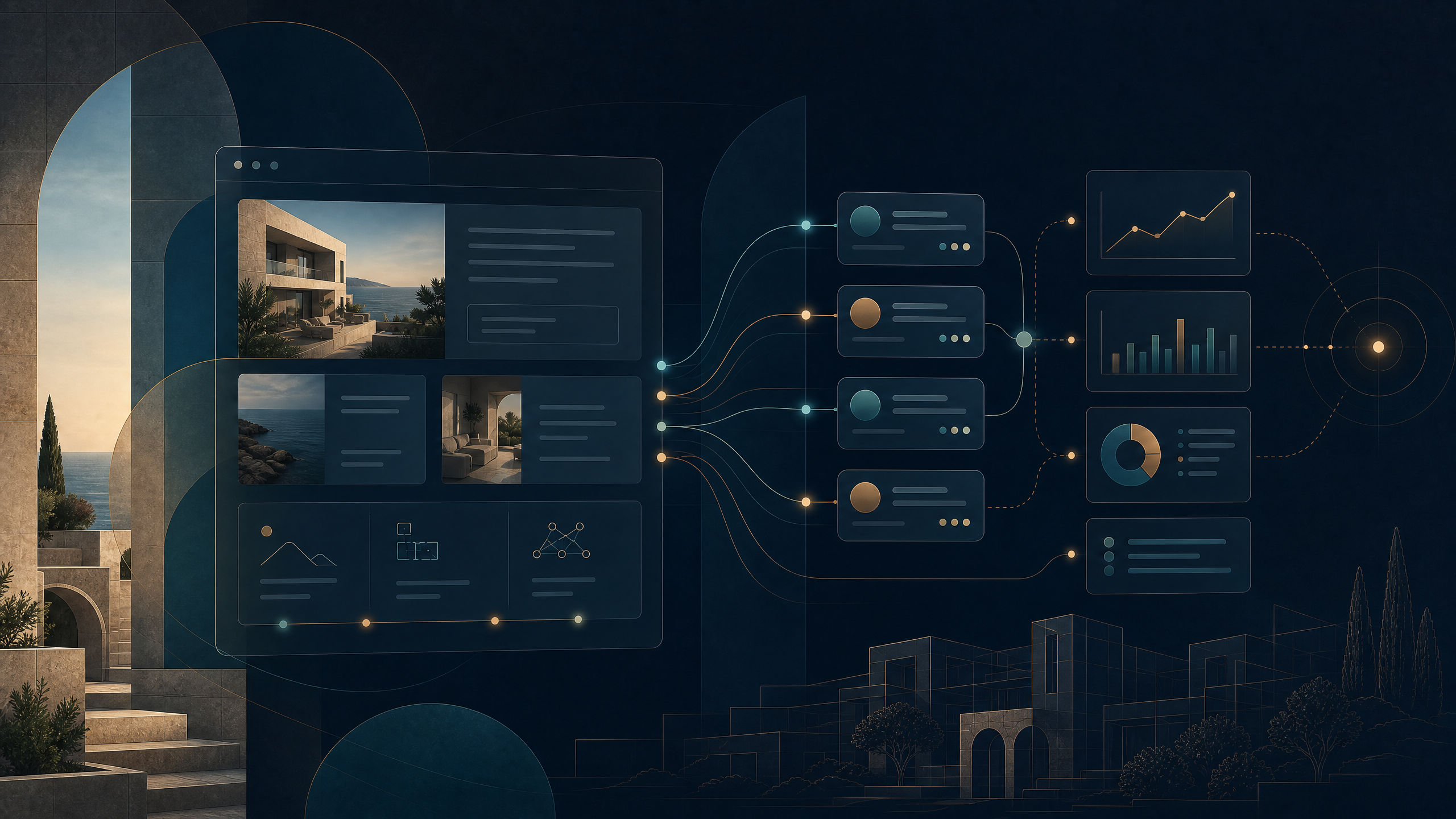 A premium abstract editorial image showing a structured business website connected to a sales workflow, with clean lead paths, CRM-style cards, analytics signals, and calm navy digital architecture layers.
